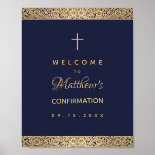 Poster Garçon Confirmation Bleu Marine Roses Dorées Bienv