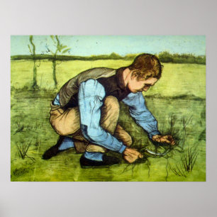 Poster Garçon coupant de l'herbe avec une faucille par Vi