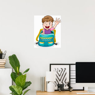 Poster Garçon dans sac à dos Waving Fun School Kid