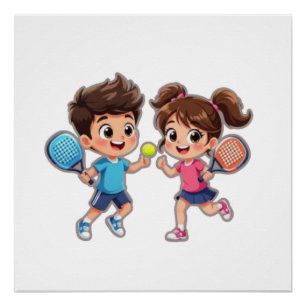 Poster Garçon et Fille de Dessin Animé Mignon Jouant au T