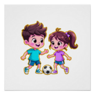 Poster Garçon et fille de dessin animé mignons jouant au