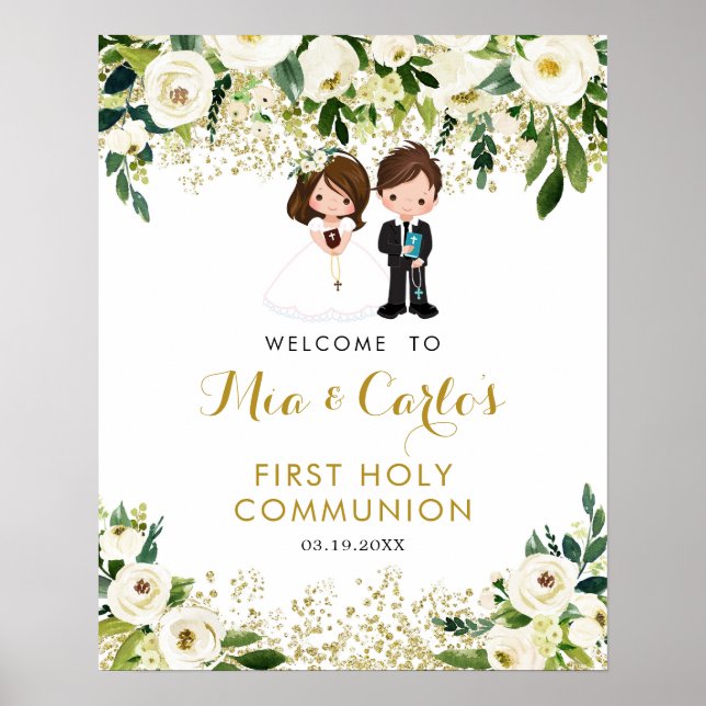 Poster Garçon Fille Blanc Floral Première Communion Affic (Devant)