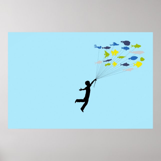 Poster Garçon Flottant En Tenant Des Ballons De Poisson T (Devant)