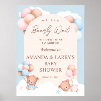 Poster Garçon Girl Twins Teddy Bear Baby shower Bienvenue