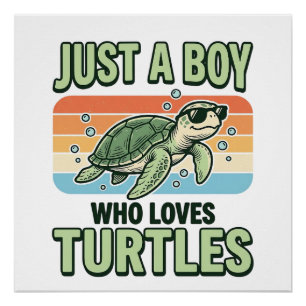 Poster Garçon qui aime les tortues Dessin de gravure vint