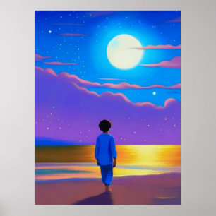 Poster Garçon sur la plage, regardant la lune