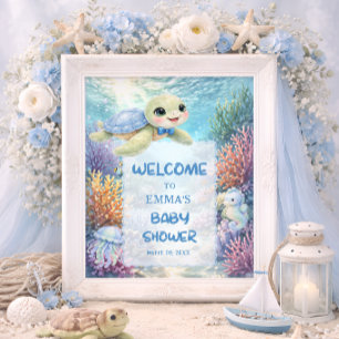 Poster Garçon Tortue de Mer Mignon Bienvenue à la Baby Sh