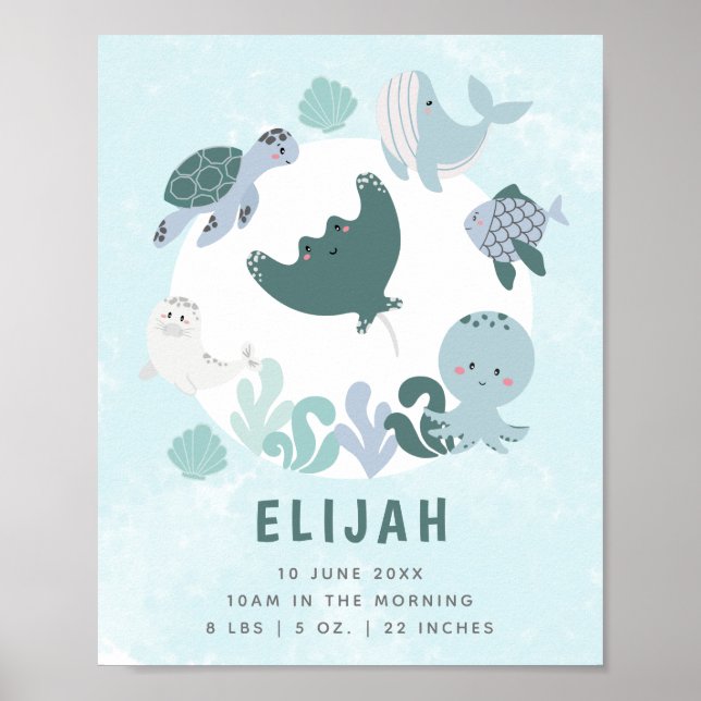 Poster Garçons Bleu sous la mer Birth Stats Nursery (Devant)