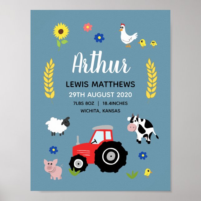 Poster Garçons Rustic Cute Farm Birth Statistiques Baby N (Devant)