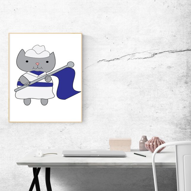 Poster Garde couleur chat bleu blanc (A poster of a gray cat in a blue and white color guard uniform complete with flag.)