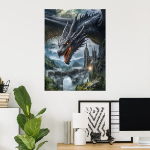 Poster Garde de dragon noir protégeant un château de mont