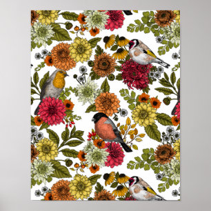 Poster Garden birds and flowers 1