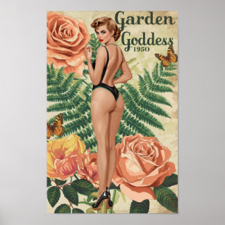 Poster Garden Goddess 1950 – Retro Pin-Up Botanical Colla