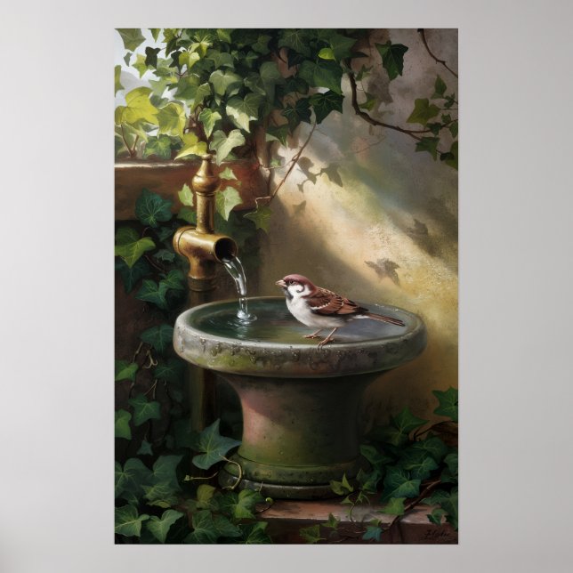 Poster Garden Oasis: The Sparrow at the Fountain (Devant)