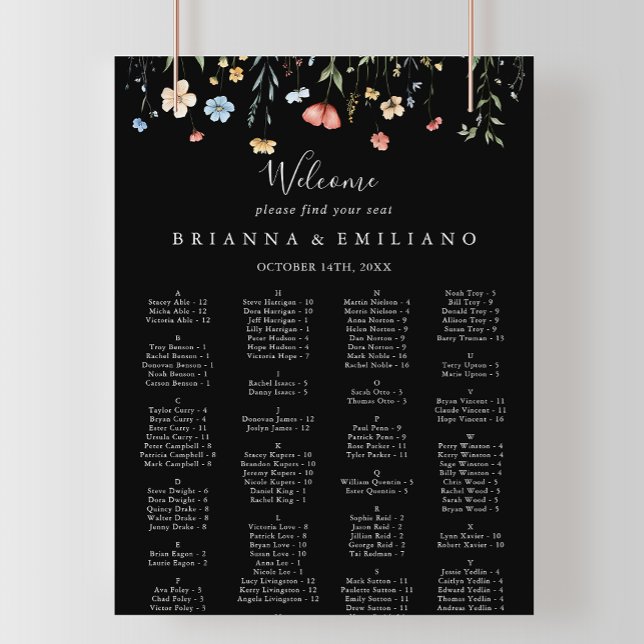 Poster Garden wildflower Black Alphabetical Seating Chart (Créateur téléchargé)