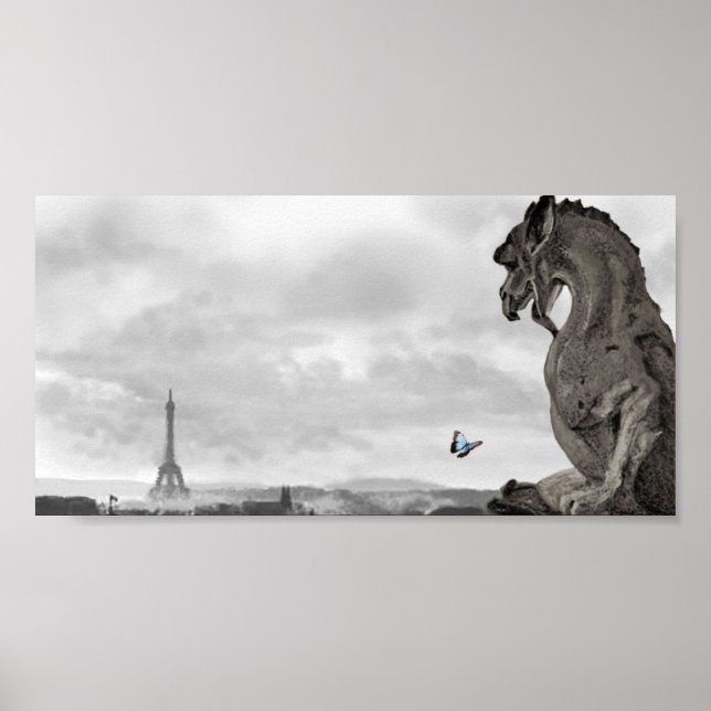 Poster Gargoyle parisien avec papillon bleu, (Devant)