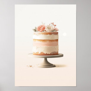 Poster Gâteau Floral Élégant Rose Pêche Cuisine Boulanger