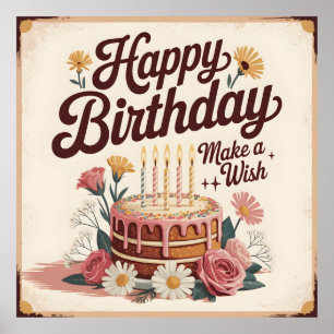 Poster Gâteau floral vintage "Joyeux Anniversaire - Fais