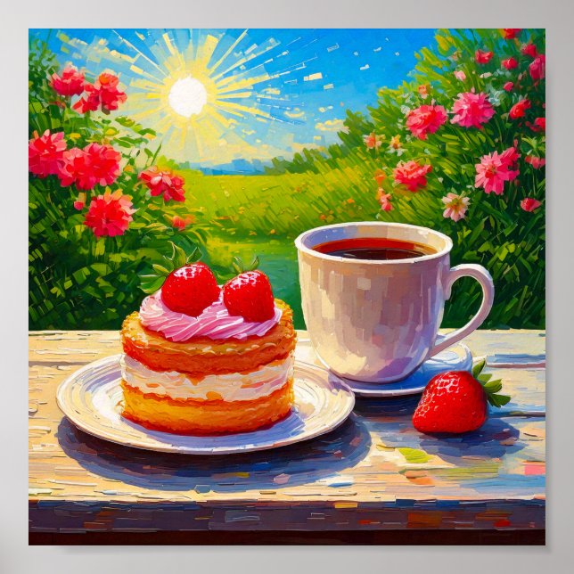 Poster Gâteau fraise et café délicieux (Devant)