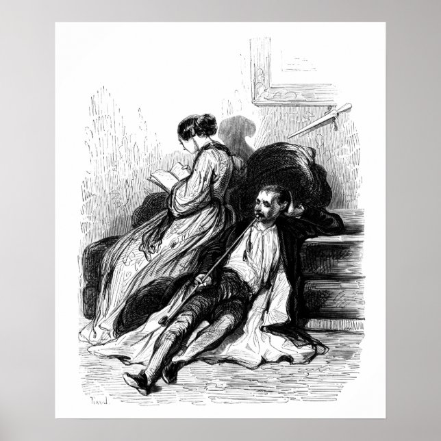 Poster Gavarni : un homme fume une longue pipe (Devant)