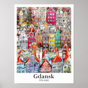 Poster Gdansk Pologne Aquarelle Voyage Sketch Main tirée
