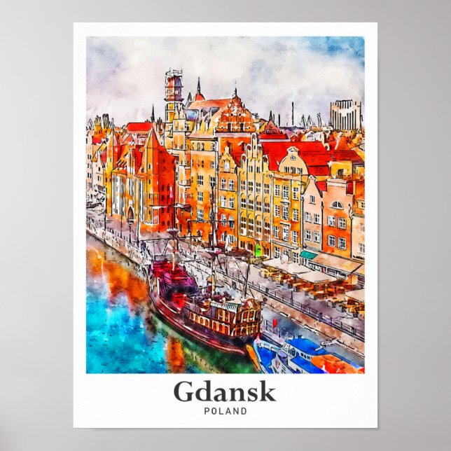 Poster Gdansk Pologne Voyage Aquarelle main tirée (Devant)