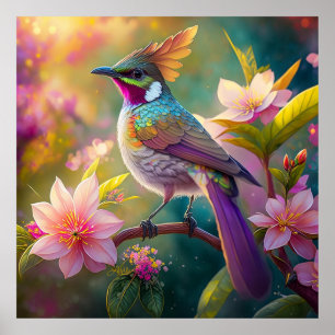 Poster Geai arc-en-ciel à crête orange, oiseau de fantais