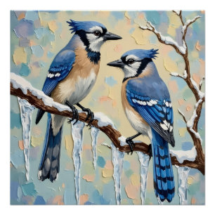 Poster Geais bleus vintage sur une branche de glaçon Art