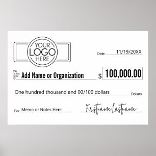 Poster Géant Blank Check pour Sweepstakes, Awards, Charit