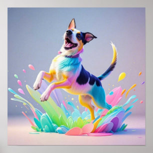 Poster Géant coloré heureux jouant chien drôle, splash