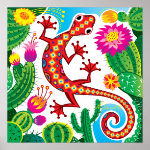 Poster Gecko du Sud-Ouest avec Fleurs de Cactus