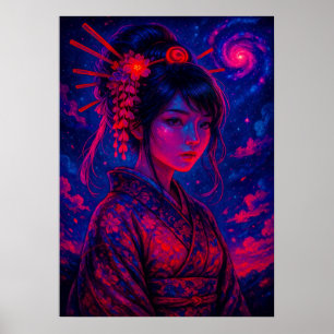 Poster Geisha cosmique avec Galaxy Sky Imaginaire japonai