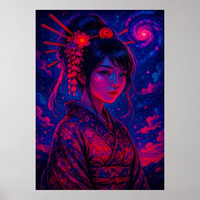 Poster Geisha cosmique avec Galaxy Sky Imaginaire japonai (Devant)