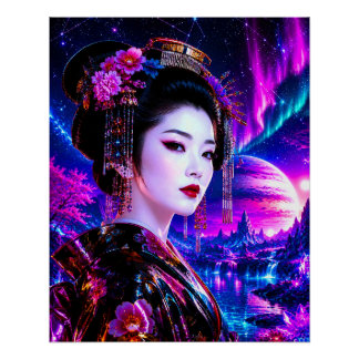 Poster Geisha cosmique dans le pays des rêves néon