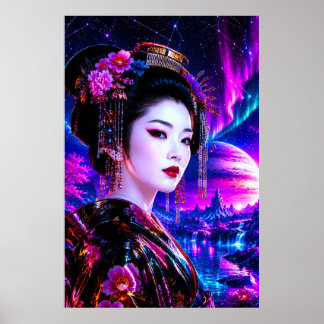 Poster Geisha cosmique dans un pays de rêve néon