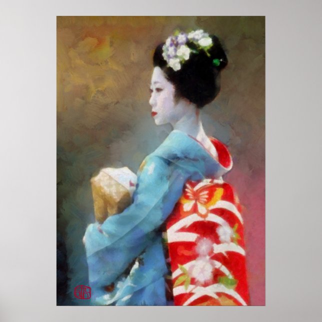 Poster Geisha en kimono bleu (Devant)