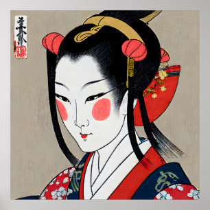 Poster Geisha En Kimono Bleu Rouge Art japonais Ukyio-e