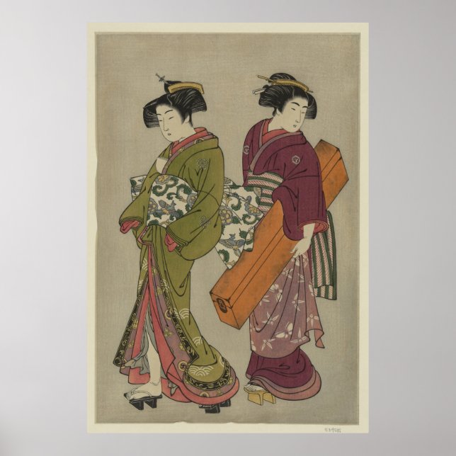 Poster Geisha et une servante portant sa boîte de shamise (Devant)