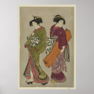 Poster Geisha et une servante portant sa boîte de shamisi