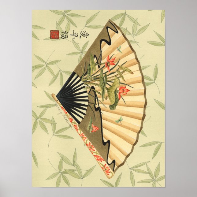 Poster Geisha Fan avec Feuille et Floral Print (Devant)