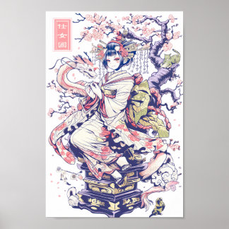 Poster Geisha Girl With Dragon and Cats 37002