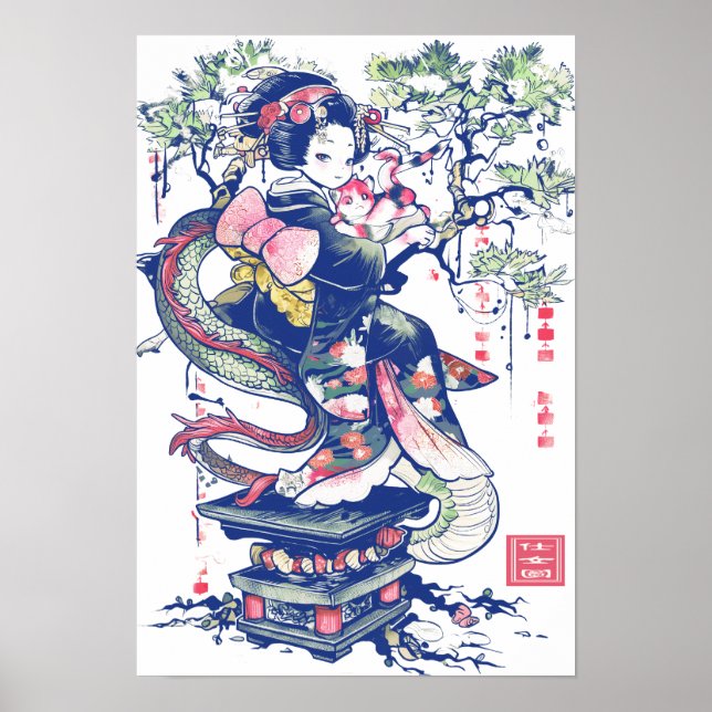 Poster Geisha Girl With Dragon and Cats 37004 (Devant)