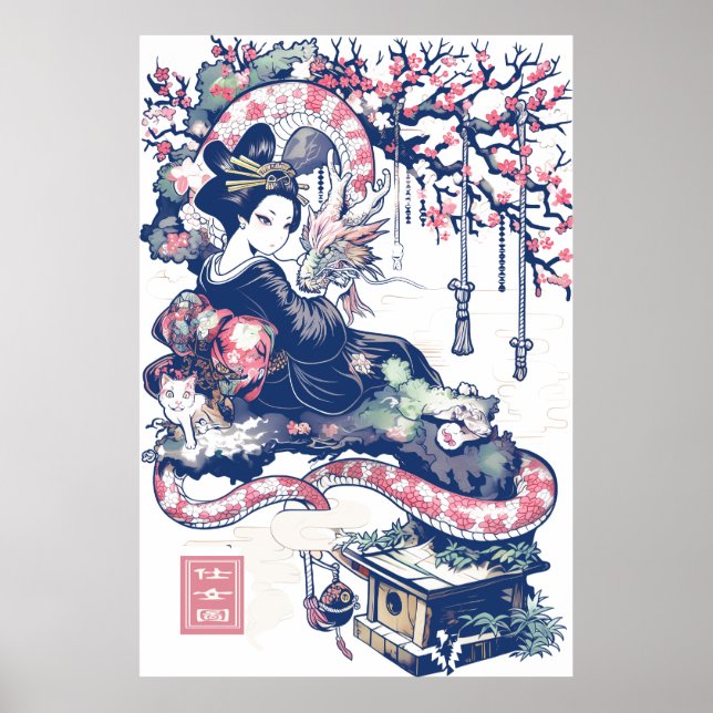 Poster Geisha Girl With Dragon and Cats 37005 (Devant)