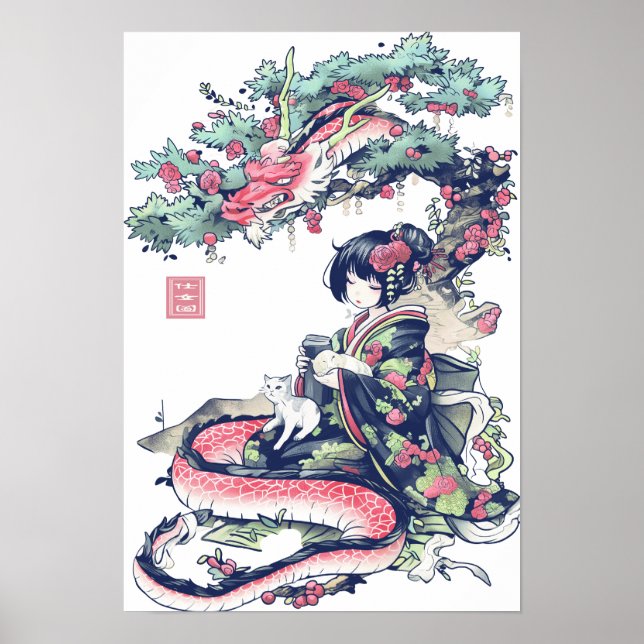 Poster Geisha Girl With Dragon and Cats 37006 (Devant)