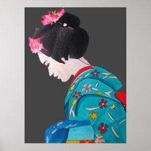 Poster Geisha japonais avec les fleurs de cerises