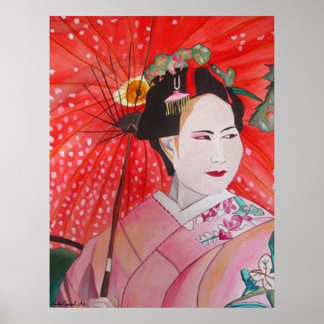 Poster Geisha japonais avec parapluie rouge art original (Devant)