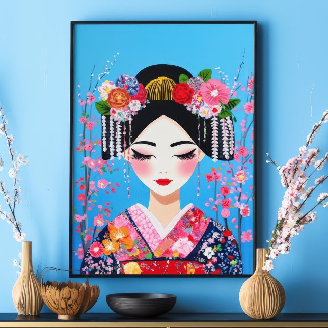 Poster Geisha Portrait Cerise Blossoms Mur japonais (Créateur téléchargé)