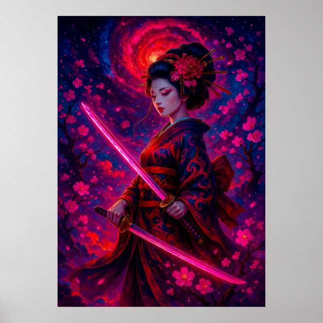 Poster Geisha Samurai cosmique avec Imaginaire des épées (Devant)