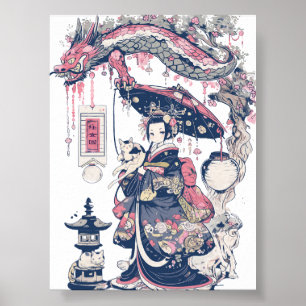 Poster Geisha With Dragon and Cats 37007