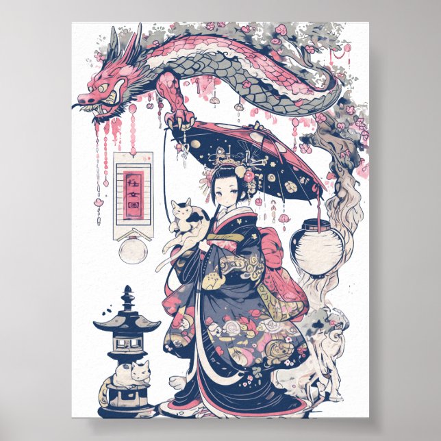 Poster Geisha With Dragon and Cats 37007 (Devant)